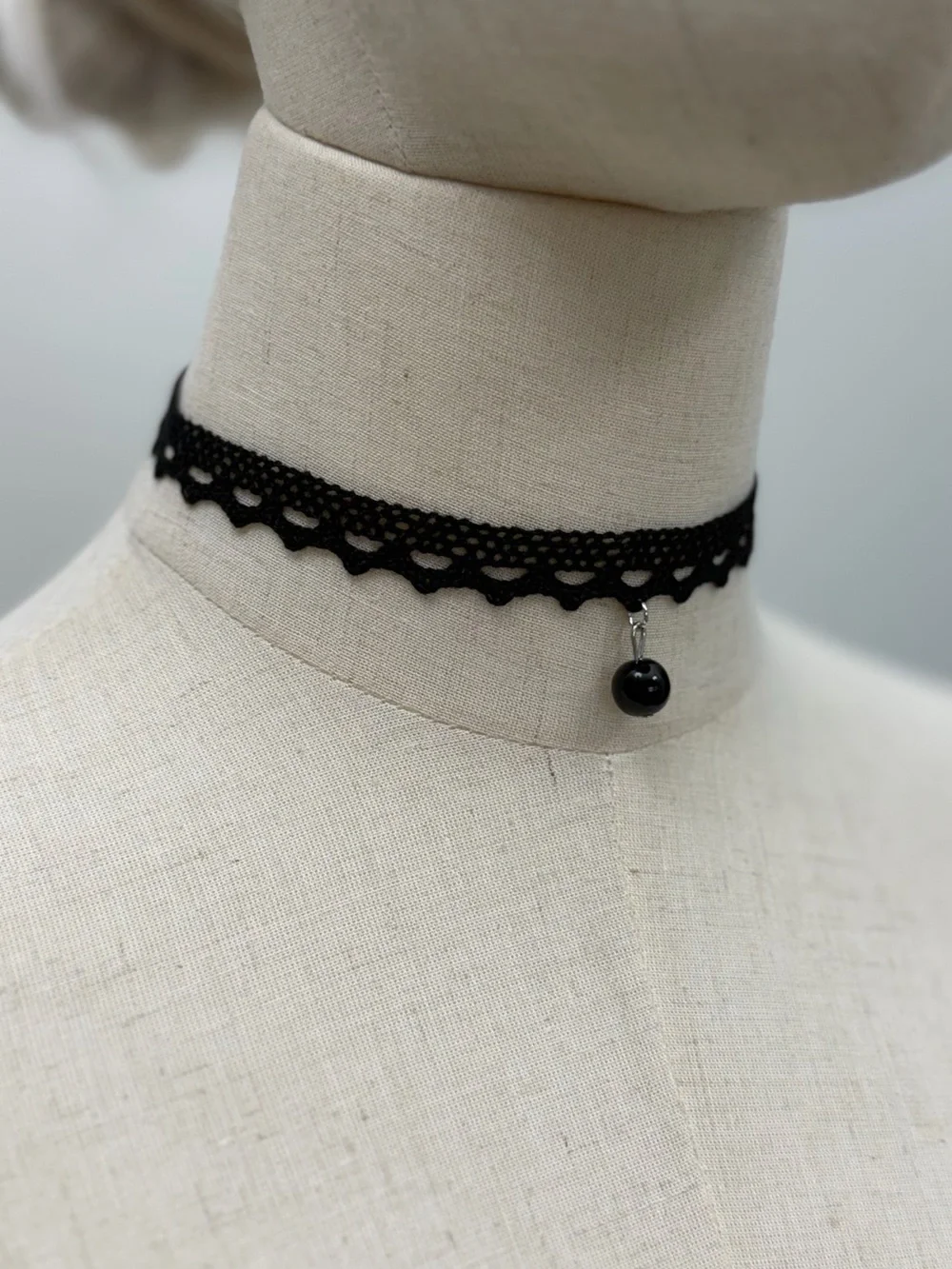 Black Lace Choker Necklace with Black Bead Pendant Gothic Adjustable
